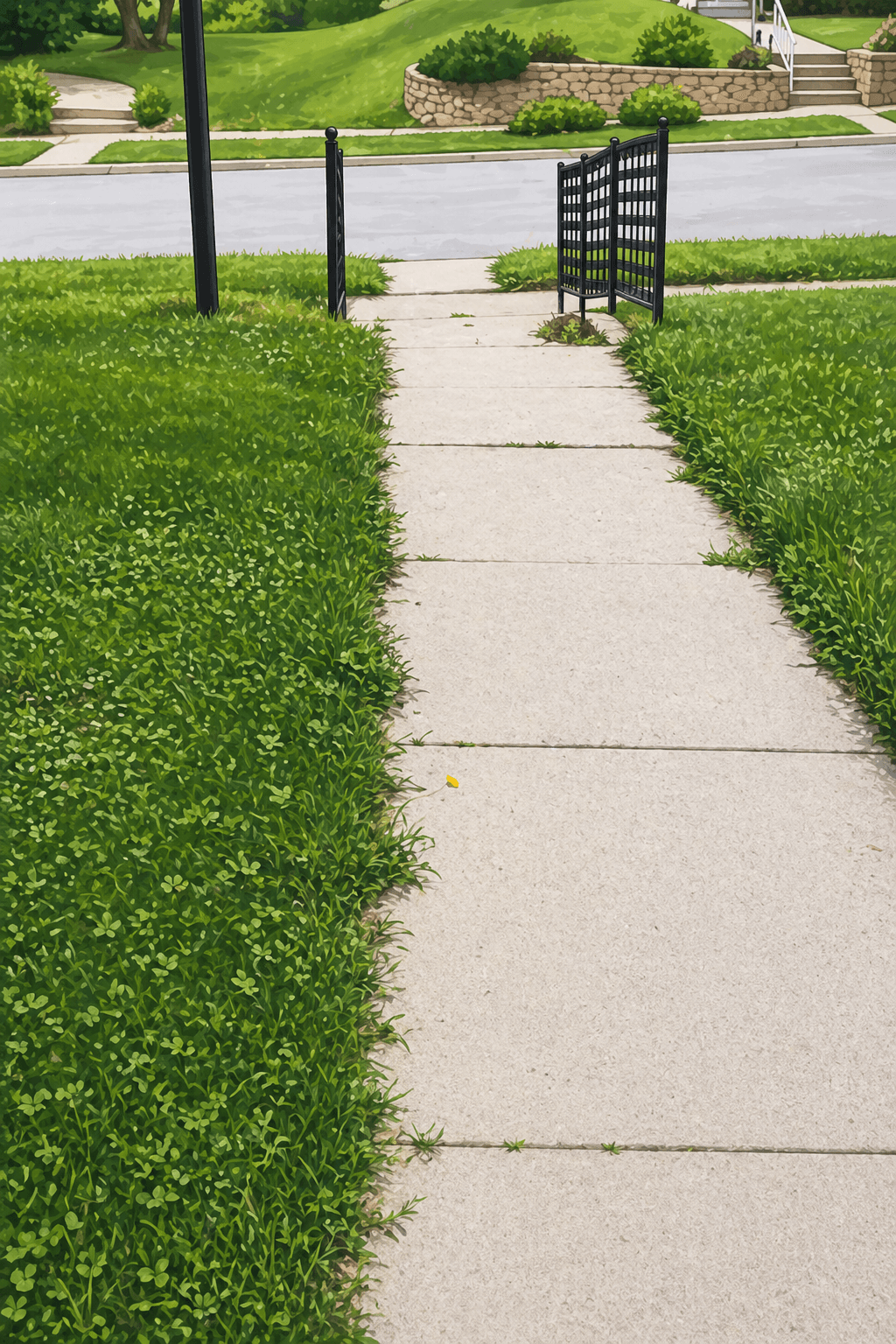 Lawn before edging — grass growing over sidewalk